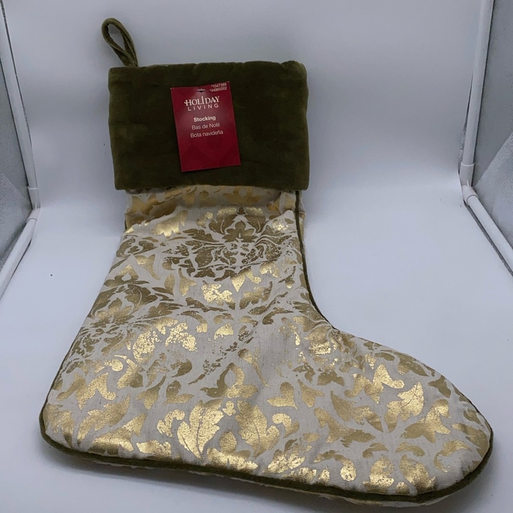 Holiday Living Stocking Gold Green Christmas Xmas Decor